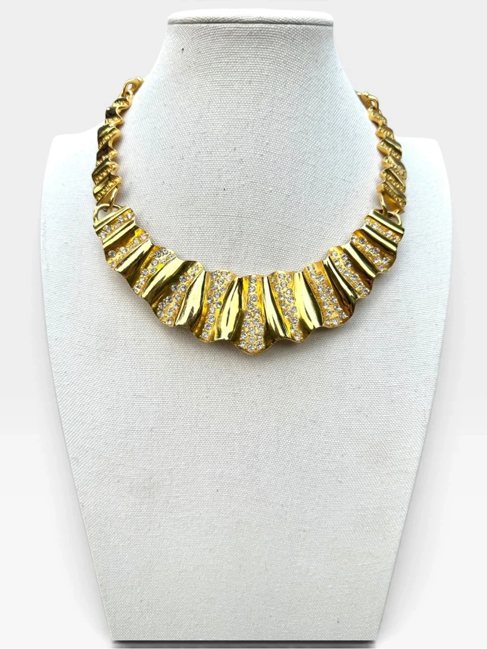 GIVENCHY Vintage Gold-tone Crystal Rhinestone Ripple Texture Statement Necklace